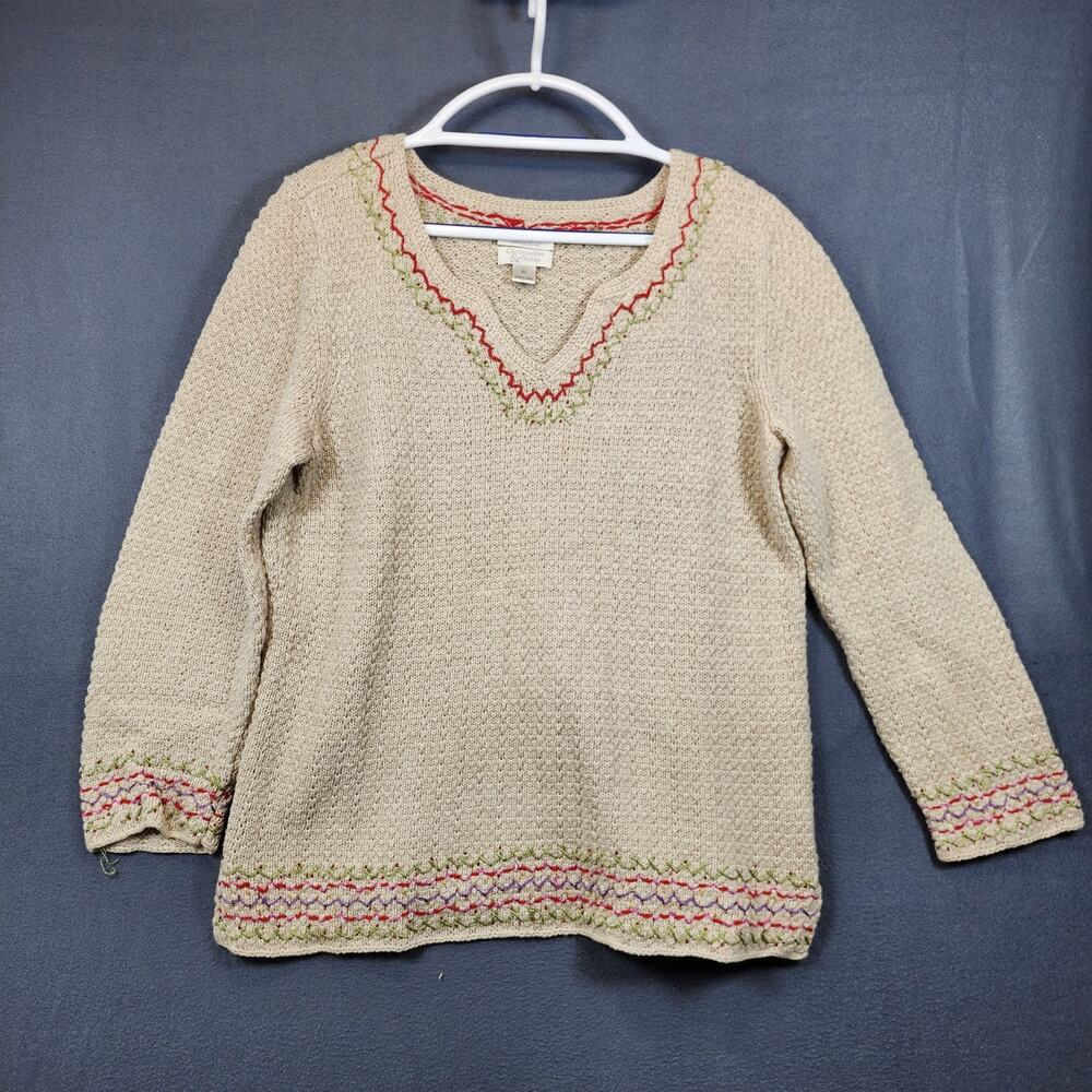 Vintage Christopher & Banks Womens Sweater XL Tan Hand Embroidered Popover Y2K